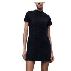 Zara Black Textured Lace Mock Neck Short Sleeve Mini Dress Fit and Flare L